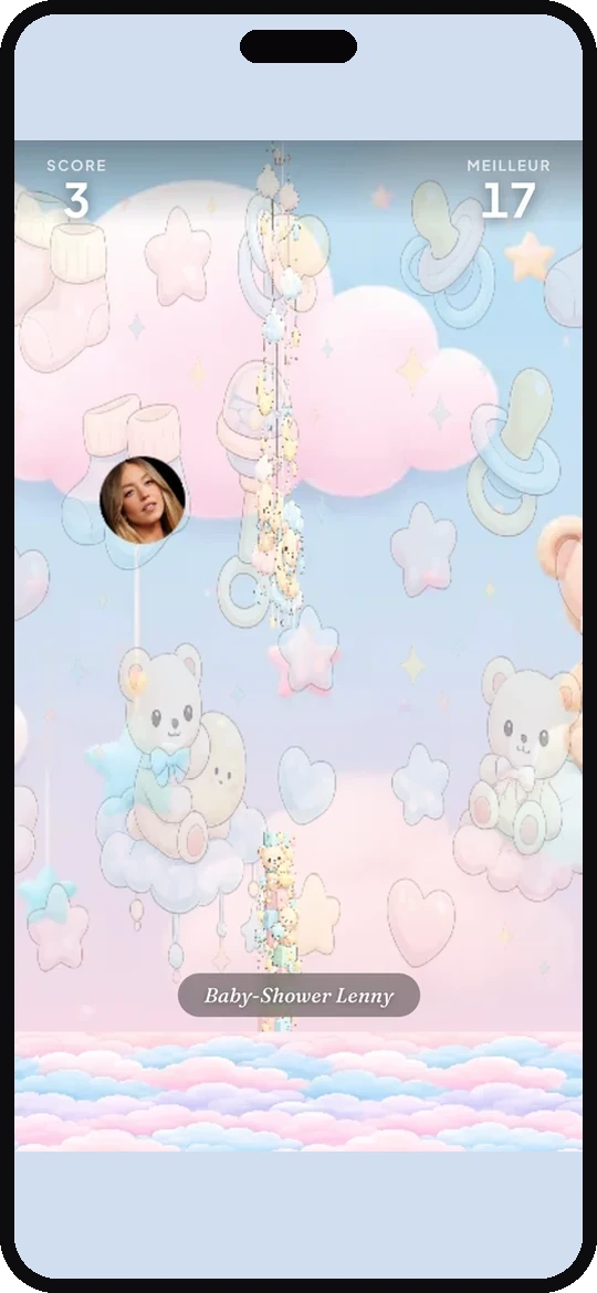 Capture d'écran iPhone : Flappy Face, façon Flappy Bird, palette pastel baby shower