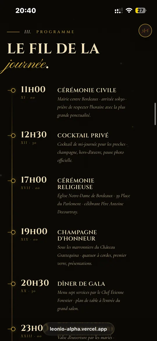 Aperçu site one-page Black & Gold : vue programme par horaires